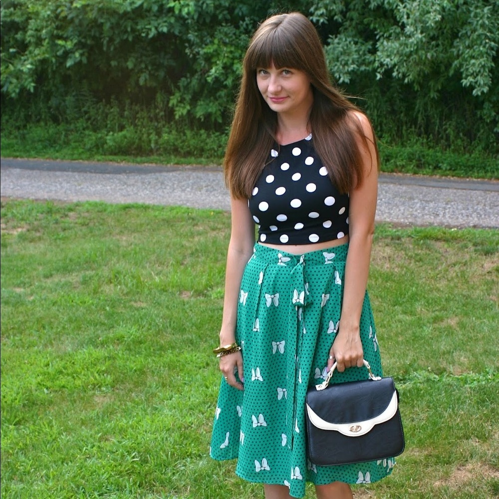 Mod Cloth Green Polka Dot and Bow Print Skirt